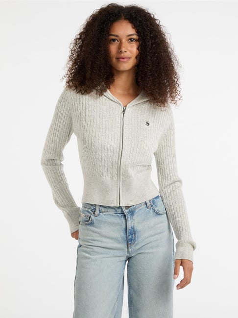 Guess Jeans Grey Cable Regular Fit Hooded Cardigan