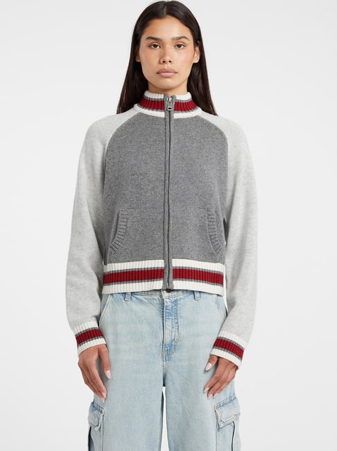 Guess Jeans Grey Back Intarsia Relaxed Fit Zipped Cardigan