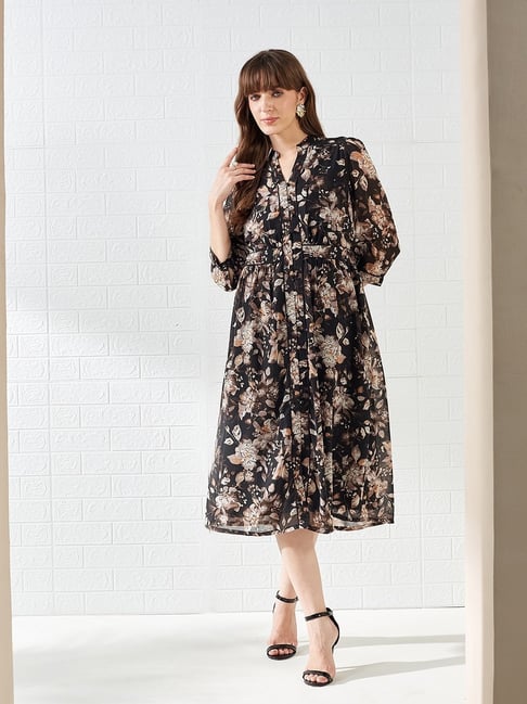 Latin Quarters Black 34Th Sleeves Mandarin Collar Printed Casual Midi Dress-picture-28