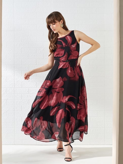 Latin Quarters Wine Sleeveless Round Neck Printed Casual Maxi Dress