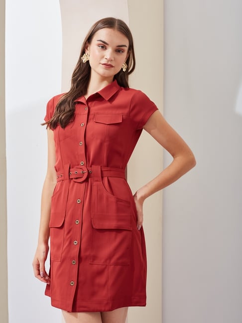 Latin Quarters Rust Short Sleeves Collared Solid Casual Mini Dress