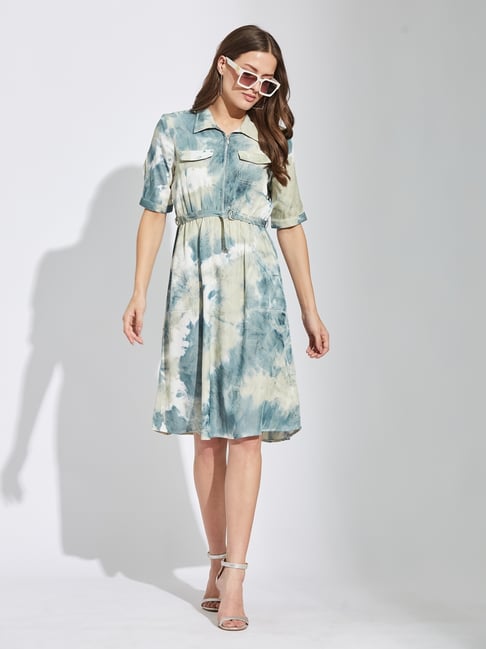 Latin Quarters Green Half Sleeves Collared Tie-Dye Casual Knee Length Dress