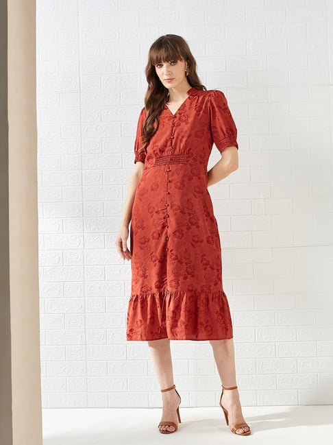 Latin Quarters Red Half Sleeves Mandarin Collar Casual Midi Dress-picture-19