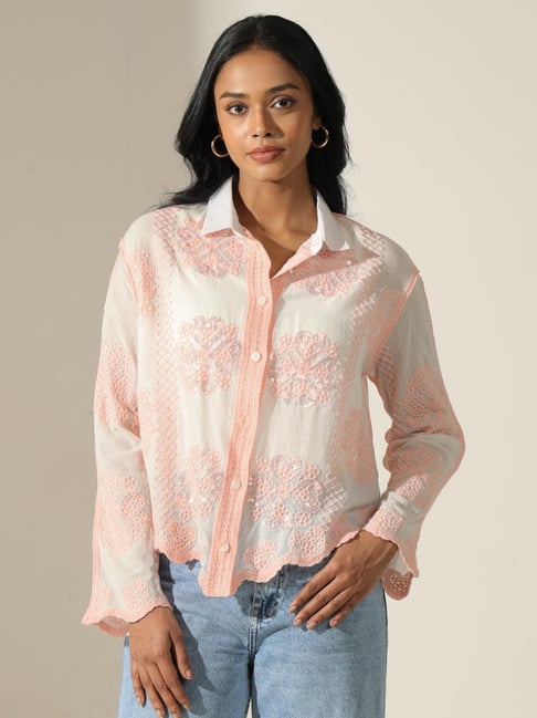 SHOWOFFFF Women's Embroidered Peach & White Relaxed Fit Shirt with Scalloped Hem