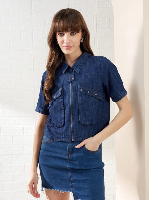 Latin Quarters Blue Half Sleeves Collared Solid Casual Crop Shirt-picture-34