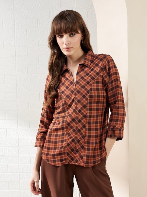 Latin Quarters Brown 3/4Th Sleeves Collared Checked Casual Shirt-picture-29