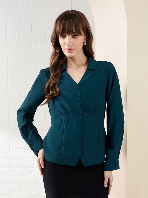 Latin Quarters Teal Full Sleeves Collared Solid Casual Shirt