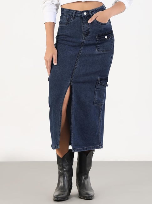 SHOWOFFFF Women's Navy Blue Denim Cargo Skirt with Front Slit-picture-41