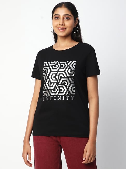 R&B Black Cotton Embellished Regular Fit T-Shirt-picture-45