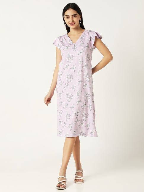 R&B Lavender Cotton Floral Print Night Dress-picture-17