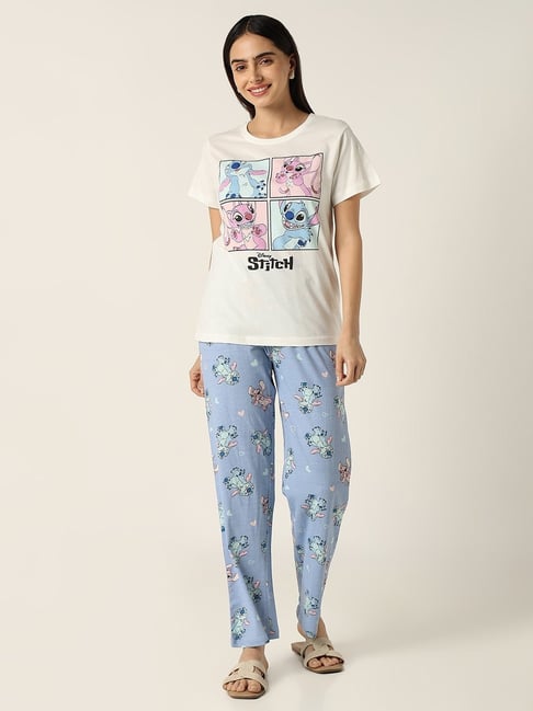 R&B Cream & Blue Cotton Graphic Print T-Shirt With Pyjamas