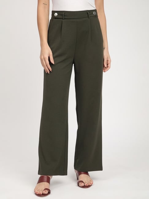 R&B Olive Polyester Flared Fit Mid Rise Trousers-picture-24