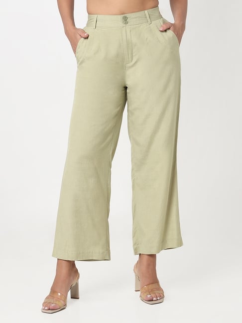 R&B Light Green Viscose Relaxed Fit Mid Rise Trousers-picture-17