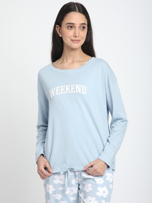 R&B Light Blue Cotton Graphic Print T-Shirt-picture-21