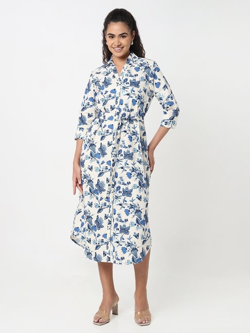 R&B Blue & White Cotton Floral Print Wrap Dress-picture-36
