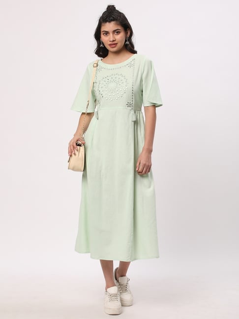 R&B Light Green Cotton Embellished Midi Dress-picture-24
