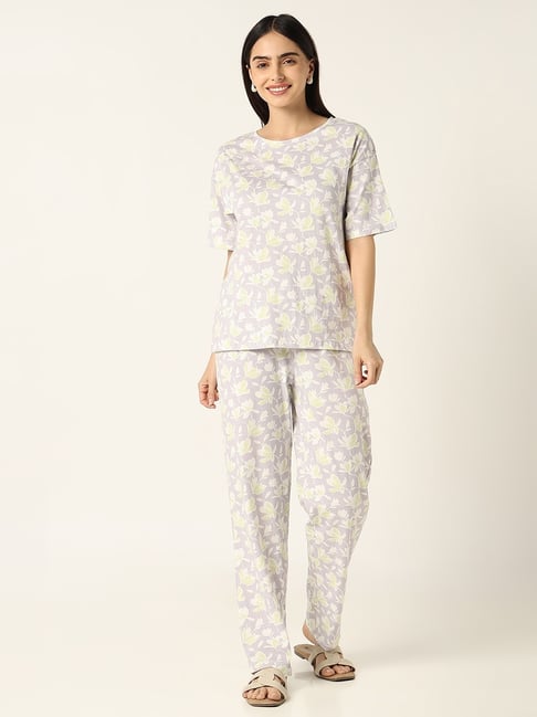 R&B Light Purple Cotton Floral Print T-Shirt With Pyjamas-picture-27