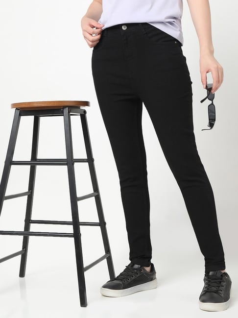 R&B Black Cotton Slim Fit High Rise Jeans