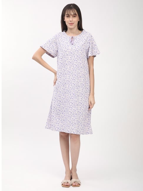 R&B Lavender Cotton Floral Print Night Dress-picture-16