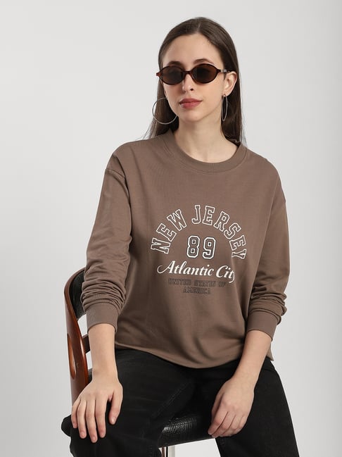 R&B Brown Cotton Graphic Printed Sweatshirt