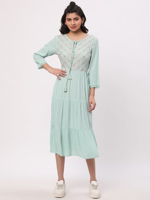 R&B Light Green Rayon A-Line Dress-picture-10