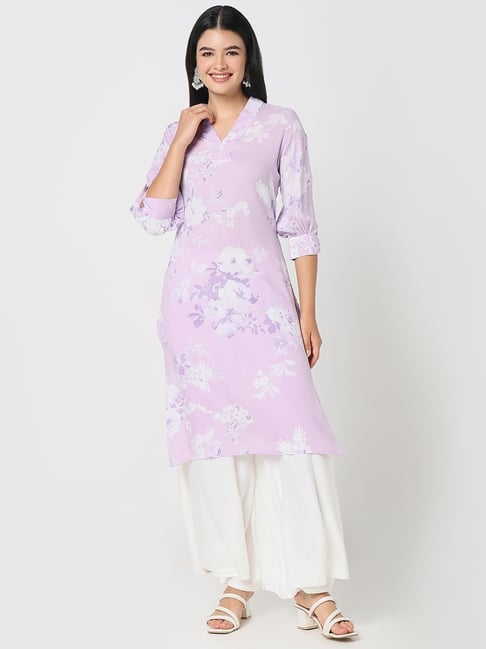 R&B Lavender Rayon Floral Print A Line Kurta-picture-20