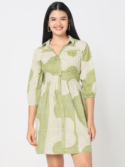R&B Light Green Cotton Printed Shirt Dress-picture-23
