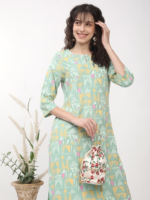 R&B Light Green Viscose Geometric Straight Kurta-picture-34