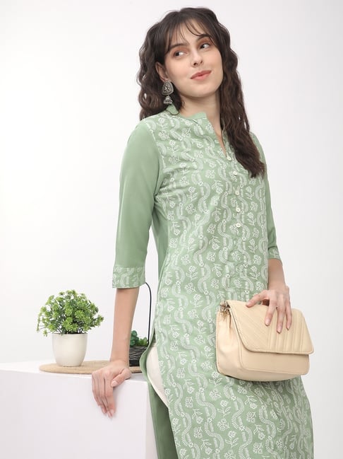 R&B Light Green Viscose Floral Print Straight Kurta-picture-32