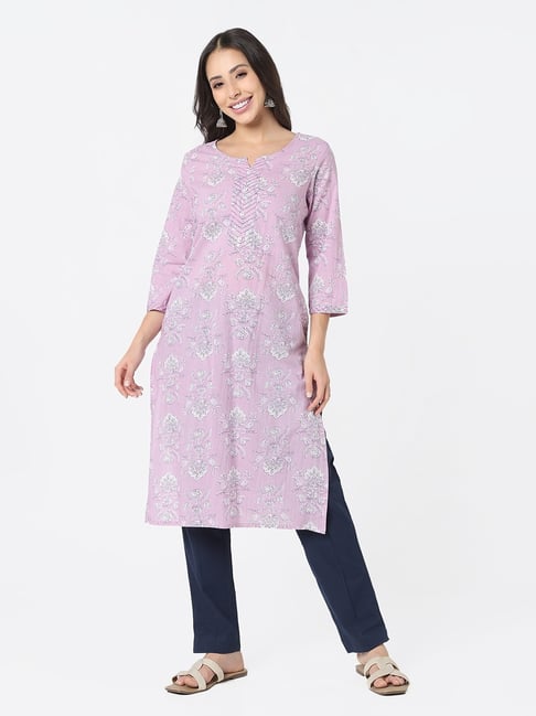 R&B Lilac Cotton Floral Print Straight Kurta-picture-28