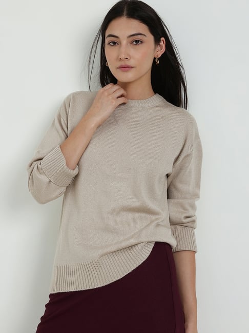 Fablestreet Beige Acrylic Solid Sweater