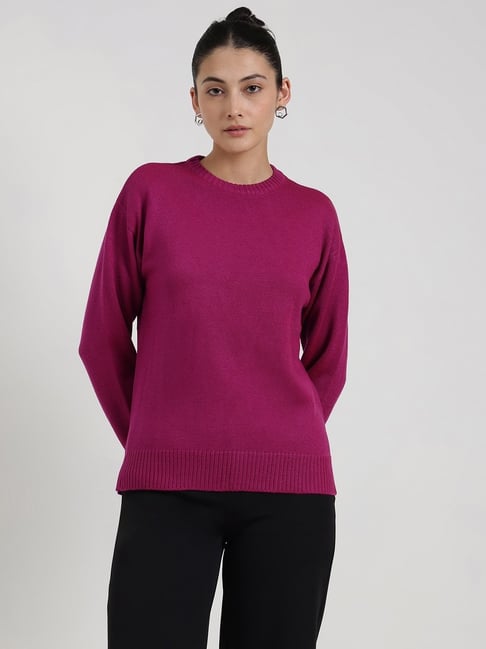Fablestreet Fuchsia Acrylic Solid Sweater