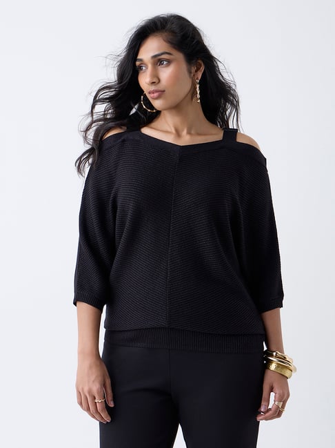 Gia by Westside Black Ribbed Cold-Shoulder Top