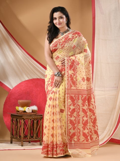 Desh Bidesh Off White Cotton Woven Design Saree With Unstitched Blouse Piece-picture-26