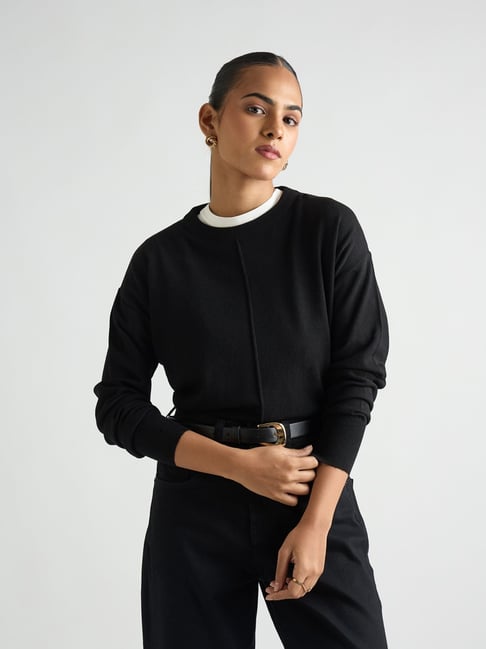 FEMMELLA Black Viscose Solid Relaxed Fit Sweater-picture-17