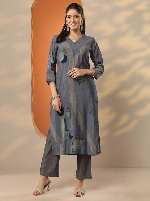 gerua by libas Libas Grey Straight Fit Floral Print Kurta-picture-25