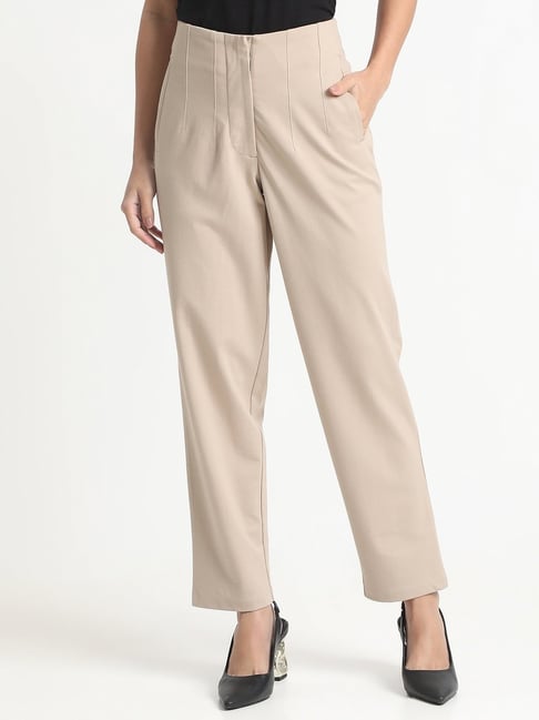 R&B Beige Relaxed Fit Mid Rise Trousers