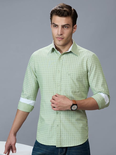 Kenneth Cole Parrot Green Cotton Slim Fit Printed Shirt-image-1