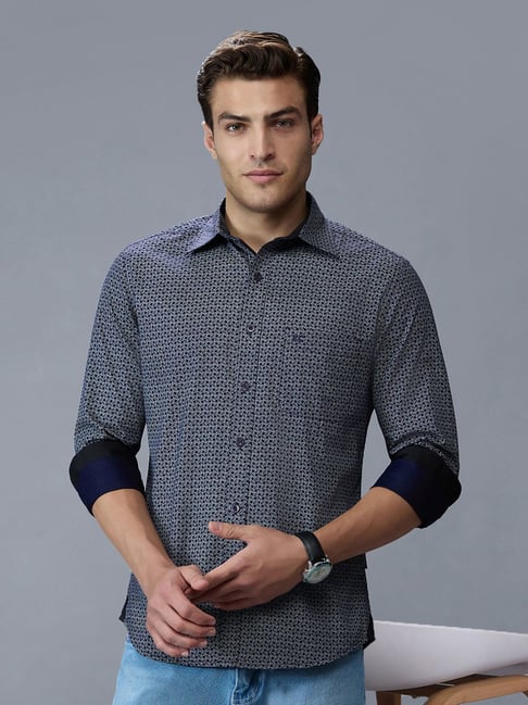 Kenneth Cole Navy & White Cotton Slim Fit Printed Shirt-image-10