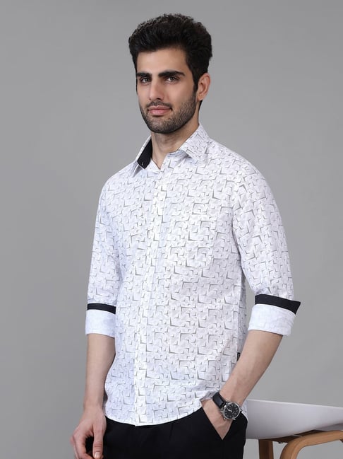 Kenneth Cole White Cotton Slim Fit Printed Shirt-image-46