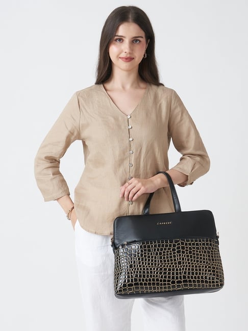 Caprese Black & Gold Lily Animal Effect Large Leather Laptop Bag