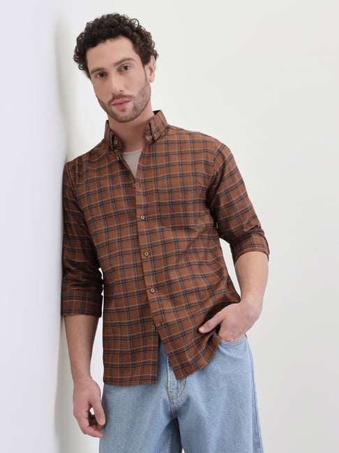 Styli Brown Cotton Regular Fit Checks Shirt