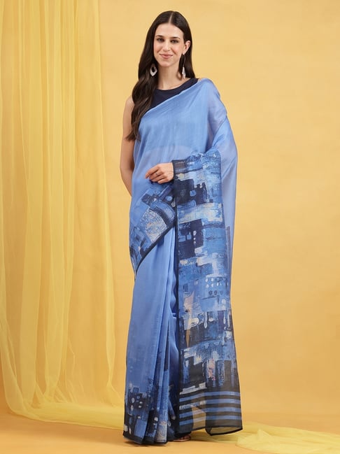 navyasa by liva Blue Digital Printed Saree With Unstitched Blouse-picture-46