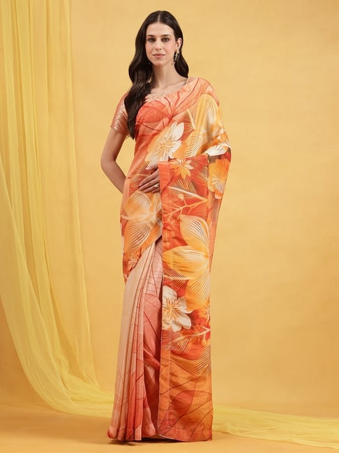 navyasa by liva Pink Floral Print Saree With Unstitched Blouse-image-18