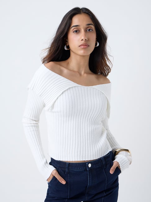 LOV by Westside White Ribbed Off-Shoulder Top