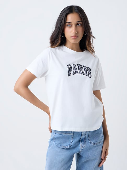 LOV by Westside White Text Design Cotton T-Shirt
