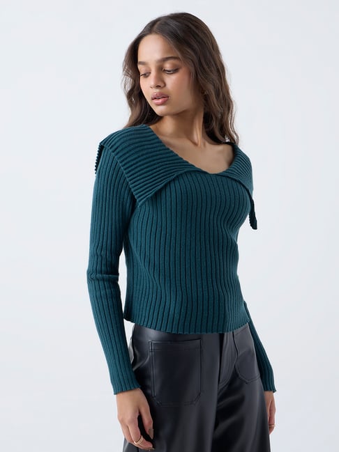 LOV by Westside Teal Ribbed-Textured Top