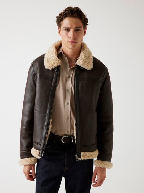 Guess Bark Brown Solid Collared Long Sleeves Shearling Jacket-picture-48