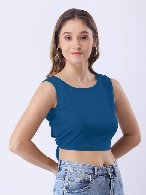 Anvi Be Yourself Blue Knitted Solid Fitted Top