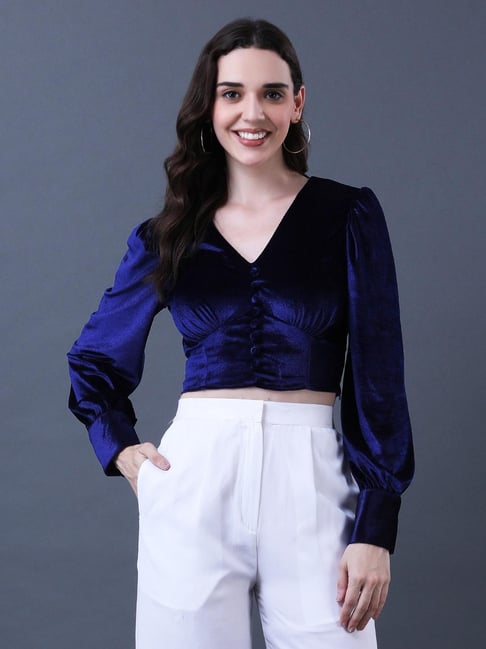 Anvi Be Yourself Blue Velvet Solid Regular Fit Top